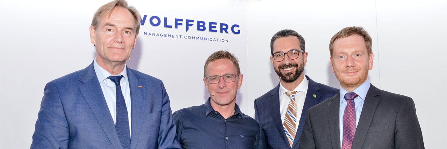 Burkhard Jung, Mayor of Leipzig | Ralf Rangnick, Manager of the Austrian national team | Peter Zimmermann, CEO of WOLFFBERG Management Communication | Michael Kretschmer, Prime Minister of Saxony